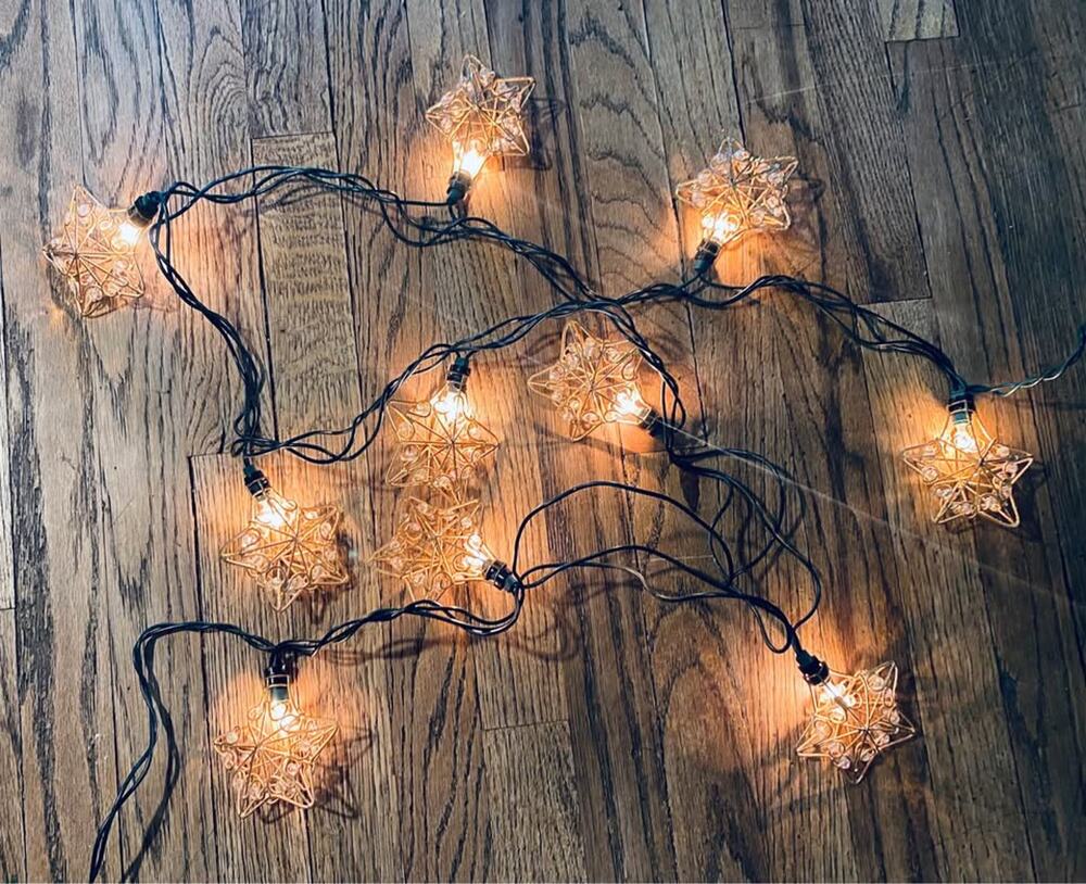 Vintage Gold Tone Wire Star Christmas Lights 10-Light Strand 6 Ft